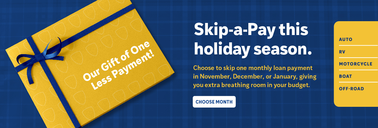 Christmas gift on wrapping paper. Links to Skip a Payment for the holiday season.