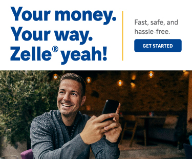 Banner image that links to Zelle offerings from CAHP Credit Union. Image shows happy guy on phone.